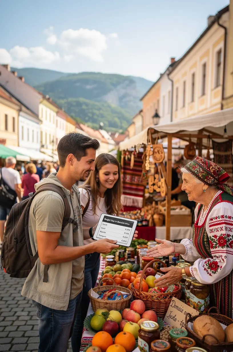 Moderný vlak prechádza malebnou slovenskou krajinou s viditeľnými cenovými informáciami pre cestujúcich.